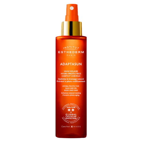 Aceite solar hidra-protector Esthederm para cuerpo y cabello. Protección UVA/UVB, optimiza el bronceado natural y ayuda a prevenir el fotoenvejecimiento.