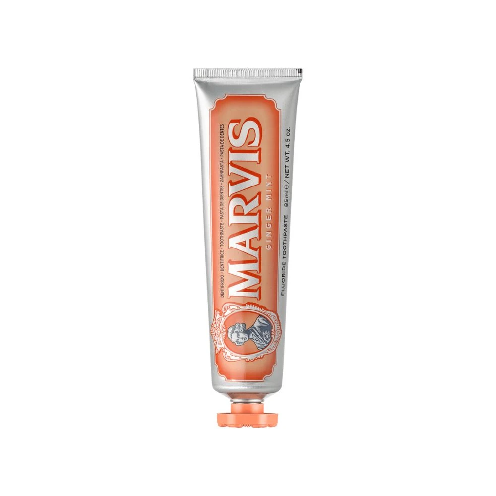 Marvis Ginger Mint 85 ml, dentífrico con flúor y xilitol de sabor jengibre y menta. Limpia, refresca el aliento y cuida la higiene bucal diaria.