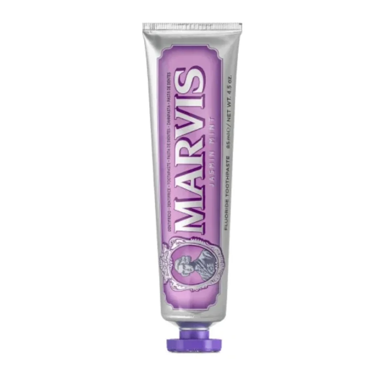 Marvis Jasmin Mint 85 ml, dentífrico con flúor y xilitol de sabor jazmín y menta. Limpia, refresca y cuida la higiene bucal diaria.