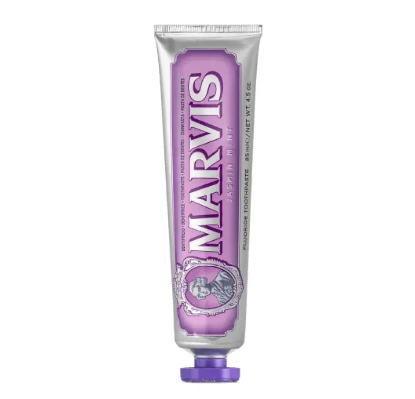 Marvis Jasmin Mint 85 ml, dentífrico con flúor y xilitol de sabor jazmín y menta. Limpia, refresca y cuida la higiene bucal diaria.