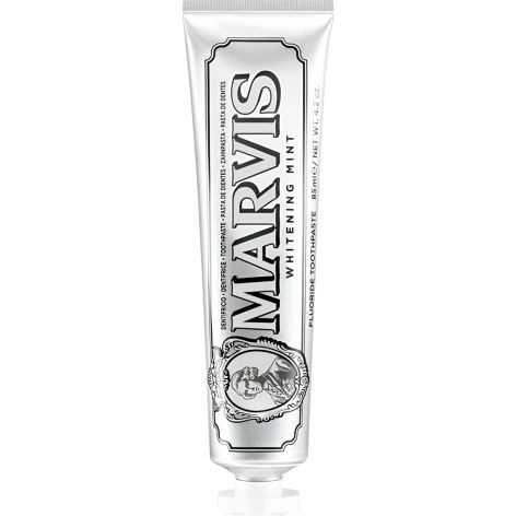 Marvis Whitening Mint 85 ml, dentífrico blanqueante con flúor y xilitol. Ayuda a eliminar la placa, refrescar el aliento y cuidar la sonrisa.