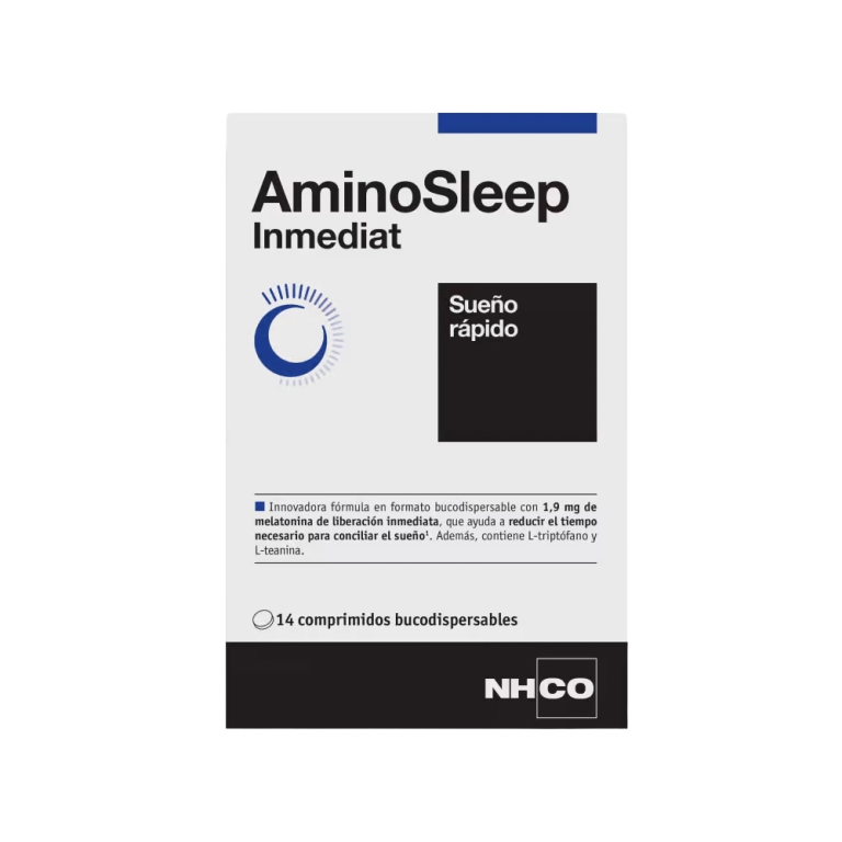 NHCO AminoSleep Inmediat con 1,9 mg de melatonina de liberación inmediata ayuda a conciliar el sueño. Con L-triptófano, GABA y L-teanina.