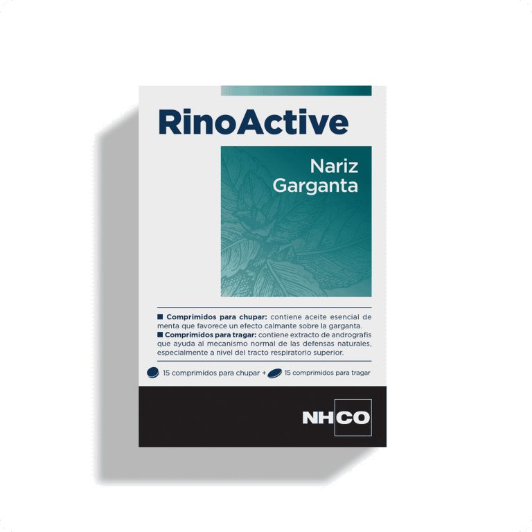 NHCO RinoActive combina comprimidos para chupar y tragar con andrografis, bromelina, aceites esenciales y vitamina D para nariz y garganta.