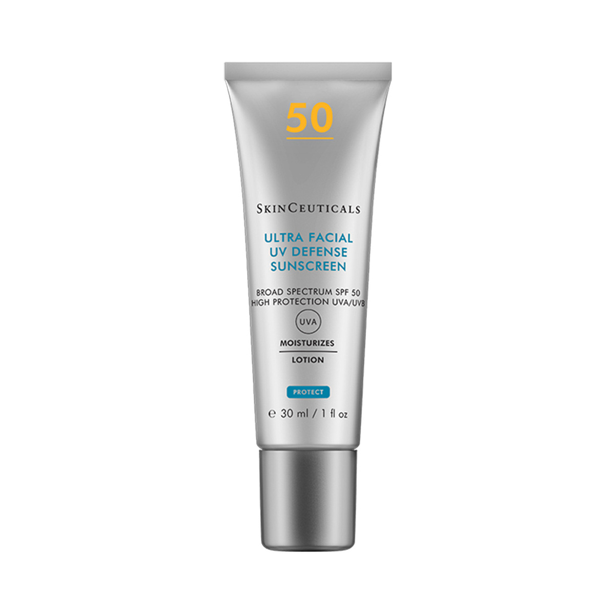 Protector solar facial SPF 50 de amplio espectro que hidrata durante 24 horas y ayuda a prevenir manchas y signos de fotoenvejecimiento por radiación UV.